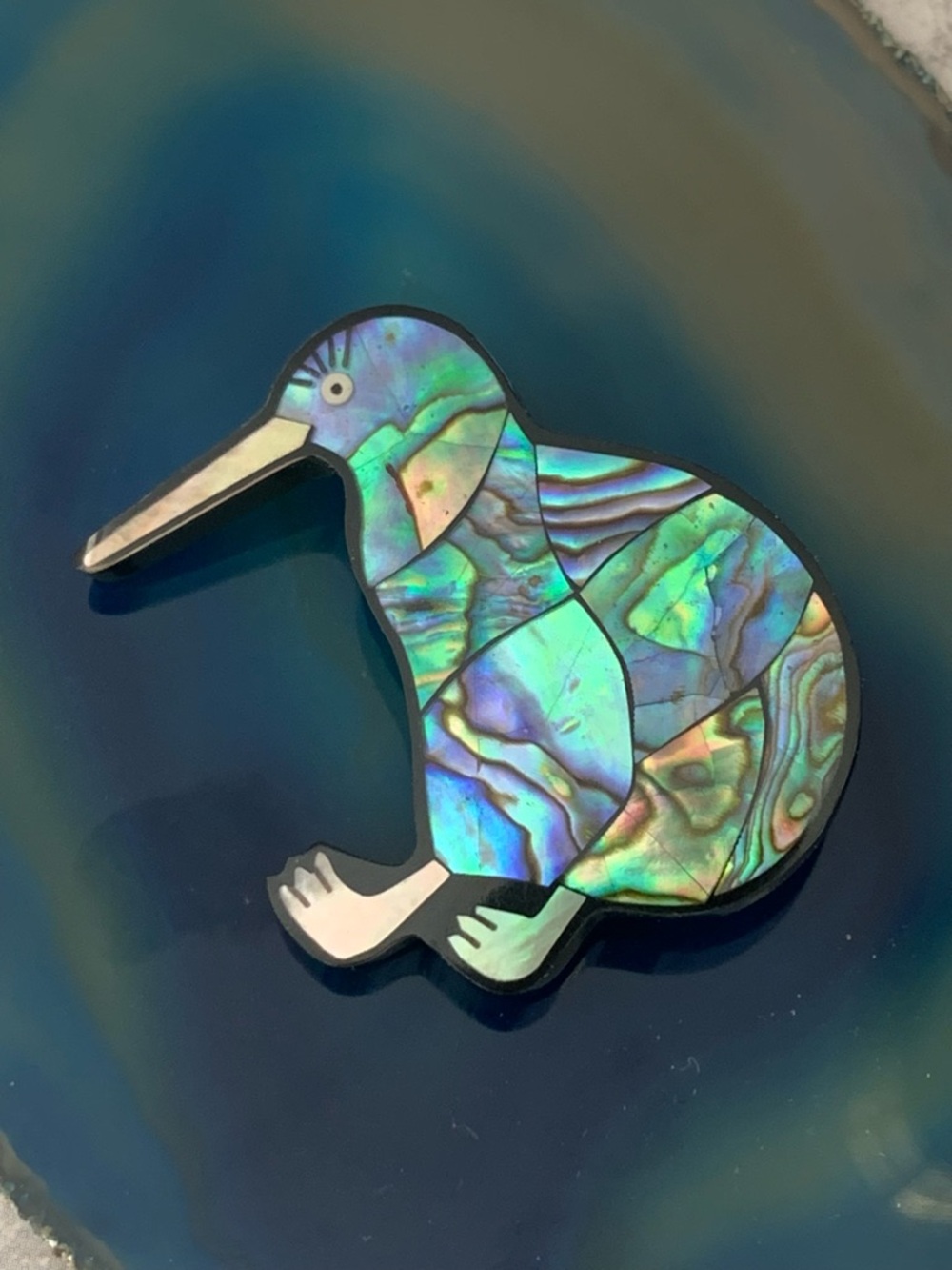 Paua Shell Inlay Kiwi Bird Brooch - Picture 2 of 4